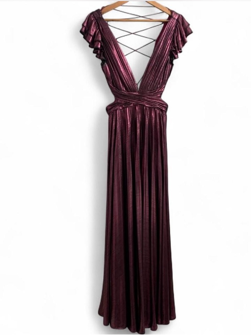 Leena for Mac Duggal pink Metallic ruffle sleeve crisscross back gown size 4